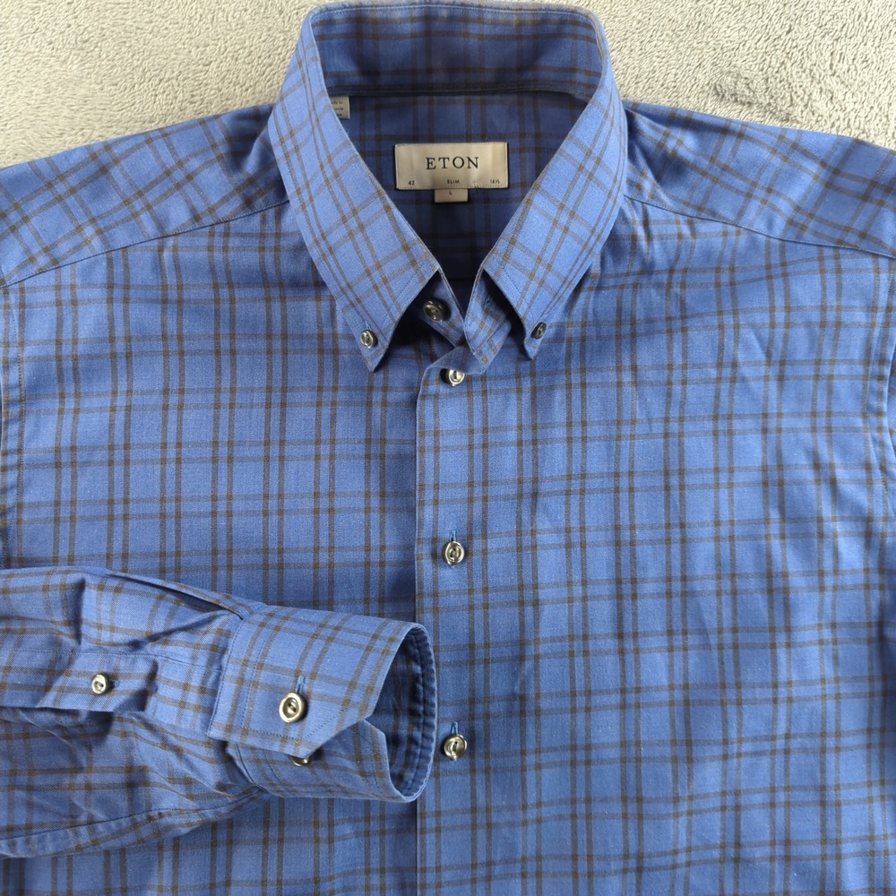 Eton Dress Shirt Mens Large 16.5 Blue Black Slim Fit Plaid Button Up Long Sleeve
